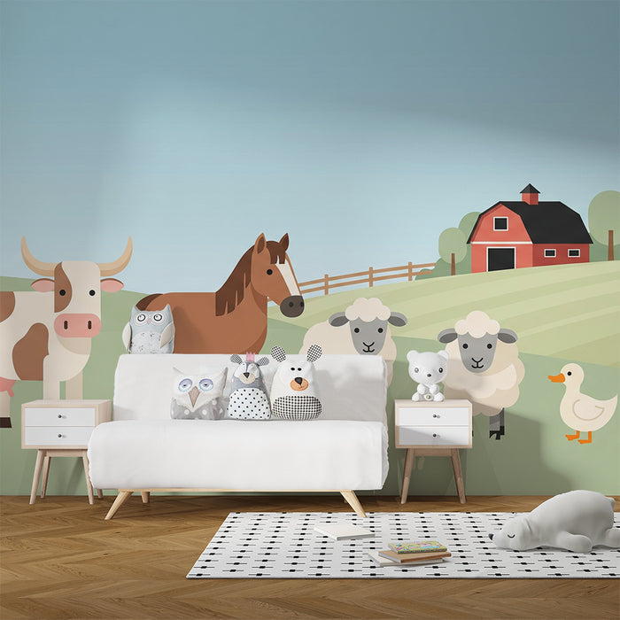 Children's bedroom wallpaper | Farm animals with pastoral landscape