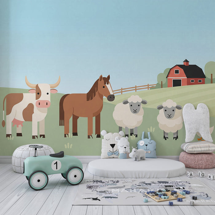 Children's bedroom wallpaper | Farm animals with pastoral landscape