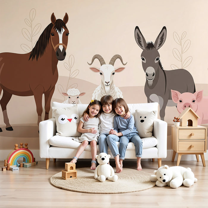 Papier peint chambre enfant | Animaux de la ferme avec un décor doux et chaleureux