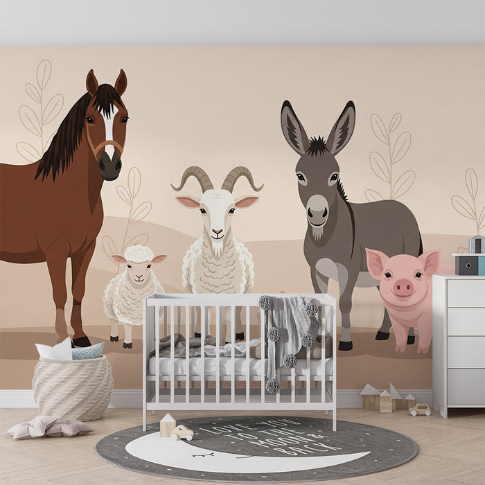 Papier peint chambre enfant | Animaux de la ferme avec un décor doux et chaleureux