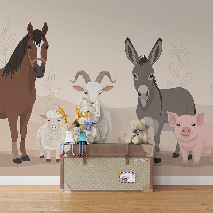 Papier peint chambre enfant | Animaux de la ferme avec un décor doux et chaleureux