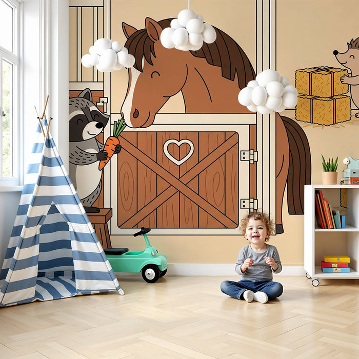 Papel pintado infantil | Animales de la granja con un mapache y un caballo