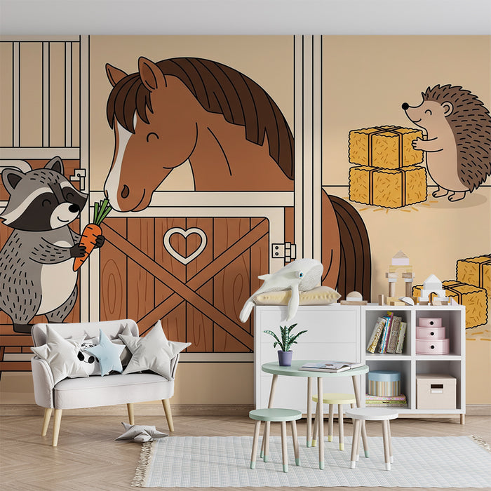 Papel pintado infantil | Animales de la granja con un mapache y un caballo