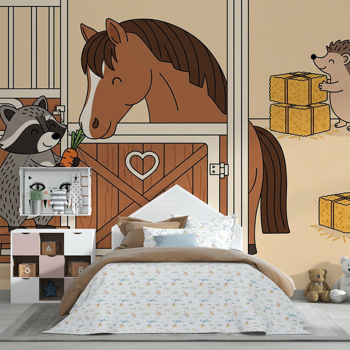 Papel pintado infantil | Animales de la granja con un mapache y un caballo