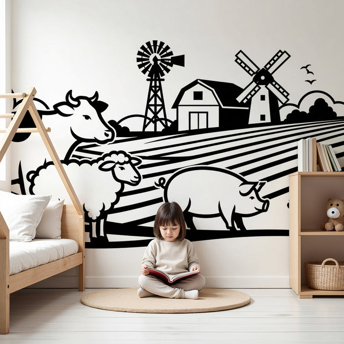 Kids room wallpaper | Farm animals with cow, sheep, and pig