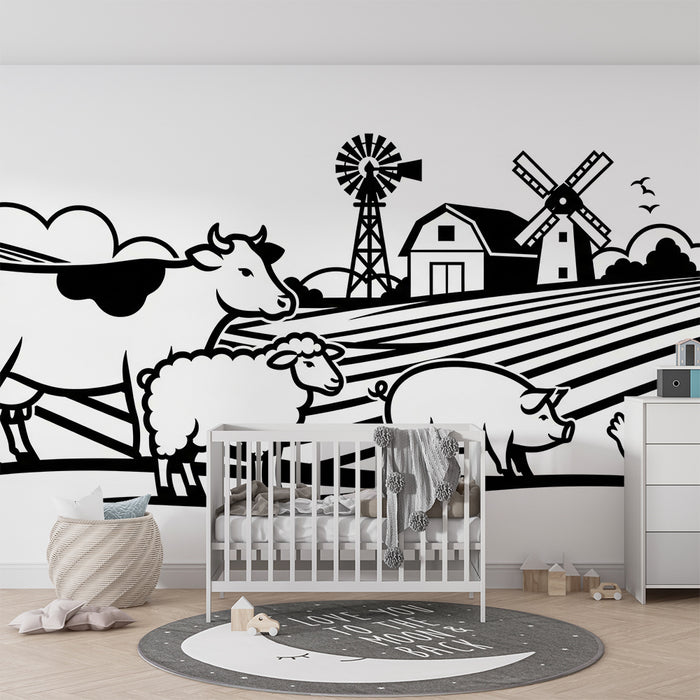 Kids room wallpaper | Farm animals with cow, sheep, and pig