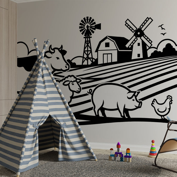 Kids room wallpaper | Farm animals with cow, sheep, and pig