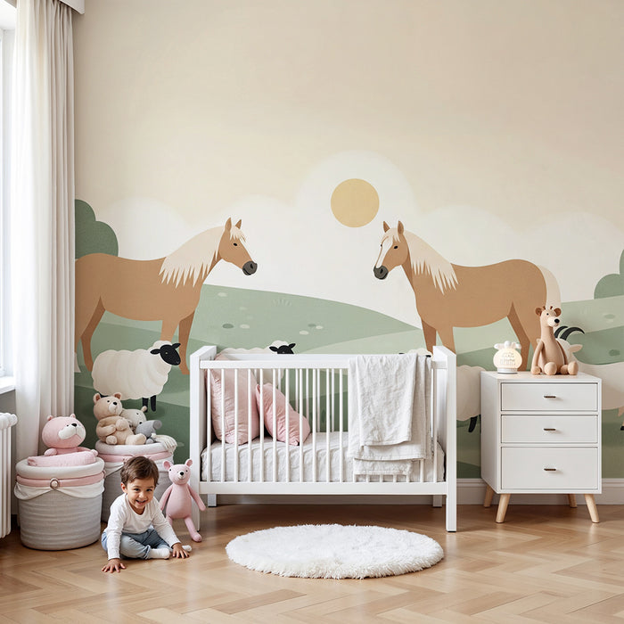 Tapete Kinderzimmer | Bauernhoftiere in ländlicher Idylle