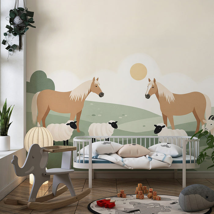 Tapete Kinderzimmer | Bauernhoftiere in ländlicher Idylle