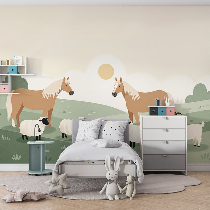 Tapete Kinderzimmer | Bauernhoftiere in ländlicher Idylle