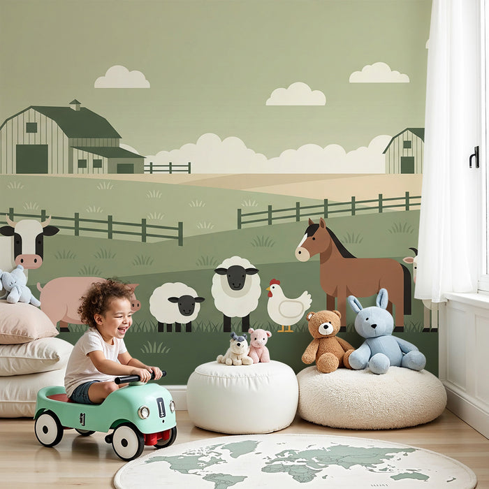 Behang kinderkamer | Boerderijdieren in een landelijk landschap