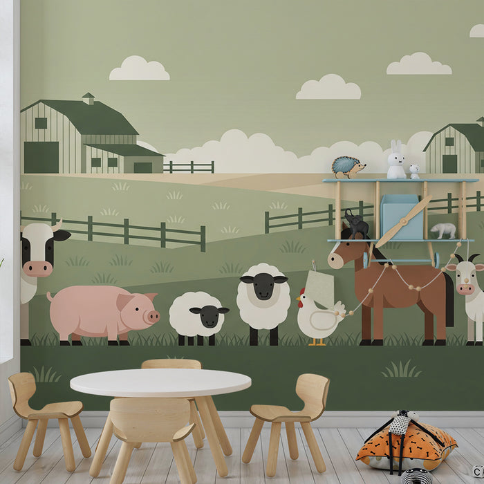 Behang kinderkamer | Boerderijdieren in een landelijk landschap