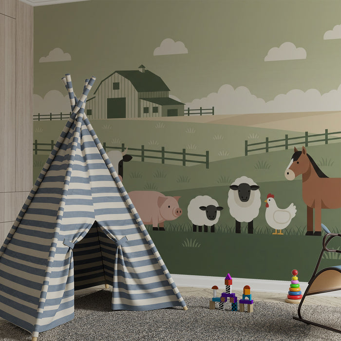 Behang kinderkamer | Boerderijdieren in een landelijk landschap