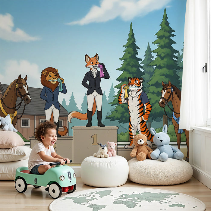 Papel pintado infantil | Animales de la granja en competición ecuestre