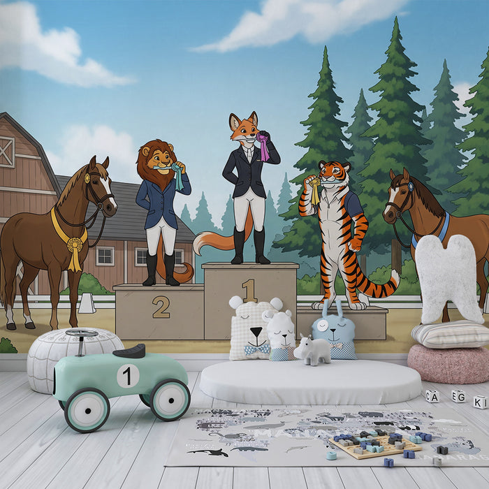 Papel pintado infantil | Animales de la granja en competición ecuestre