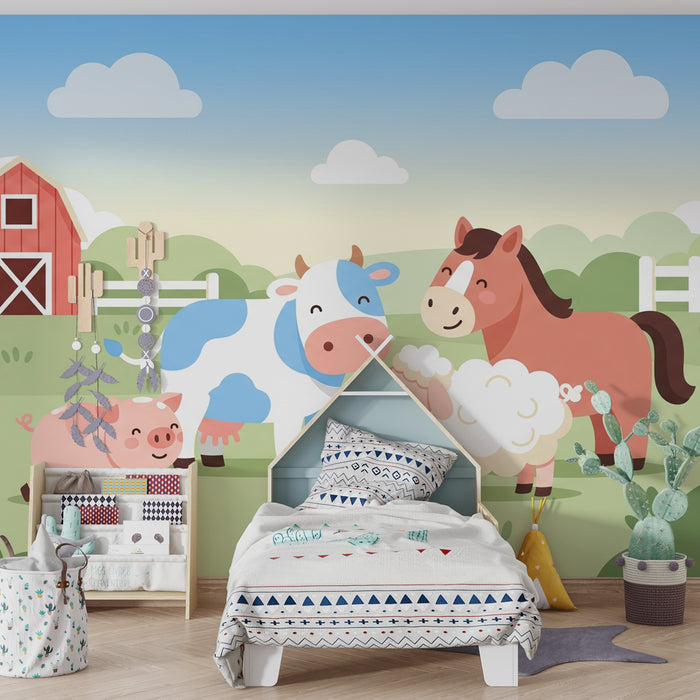 Kinderzimmer Tapete | Fröhliche Bauernhoftiere