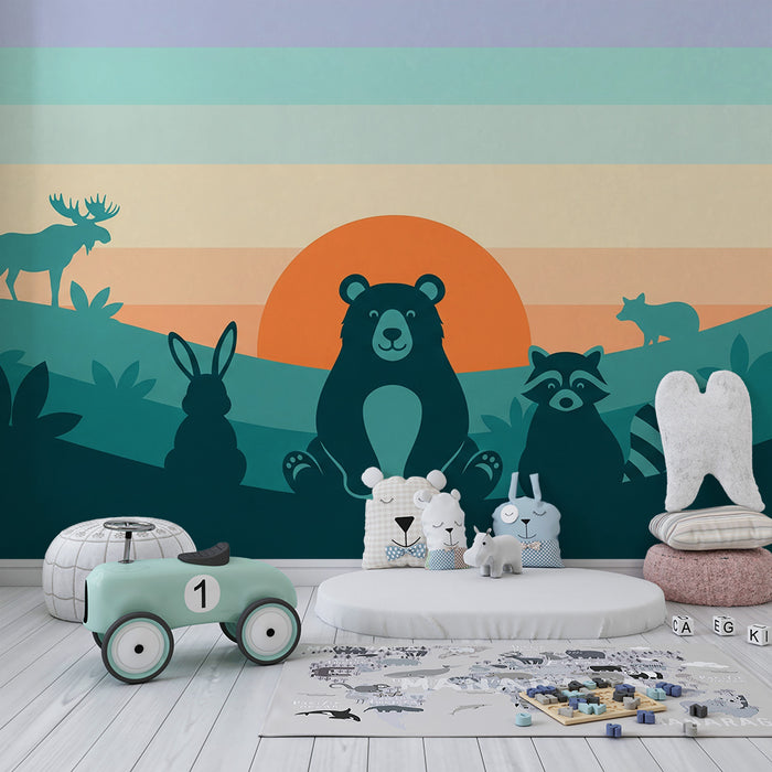 Papier peint chambre enfant | Animaux de la forêt au coucher de soleil