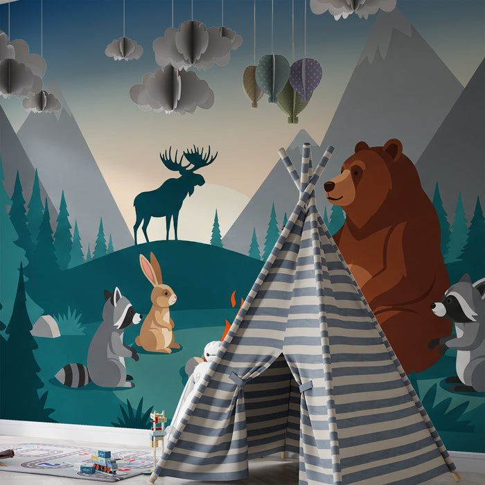 Carta da parati per cameretta | Animali del bosco attorno al fuoco