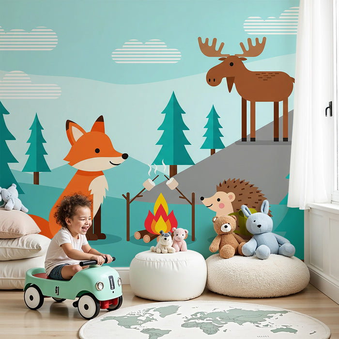 Behang kinderkamer | Dieren in het bos rond een kampvuur