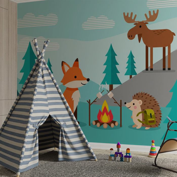Behang kinderkamer | Dieren in het bos rond een kampvuur