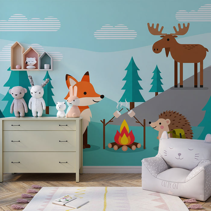 Behang kinderkamer | Dieren in het bos rond een kampvuur