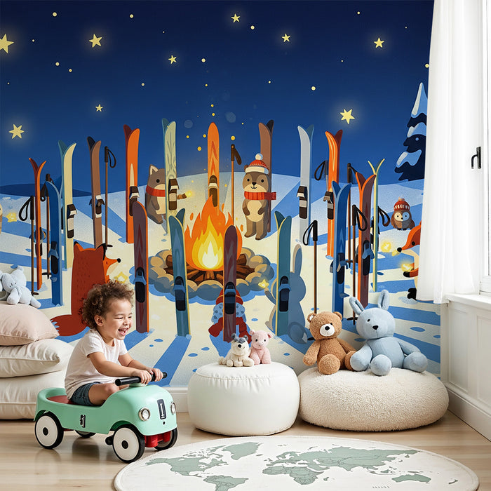 Kinderzimmer-Tapete | Waldtiere am Lagerfeuer im Winter