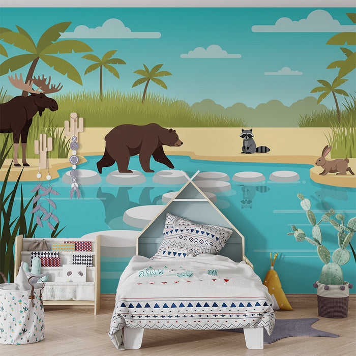 Carta da parati per cameretta | Animali del bosco intorno a un ruscello tranquillo