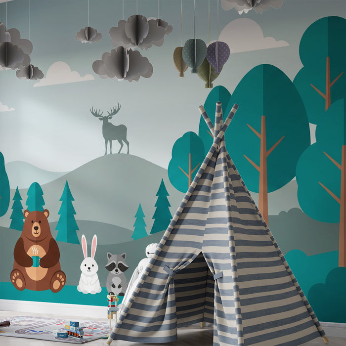 Carta da parati per cameretta | Animali del bosco intorno a una casetta di legno