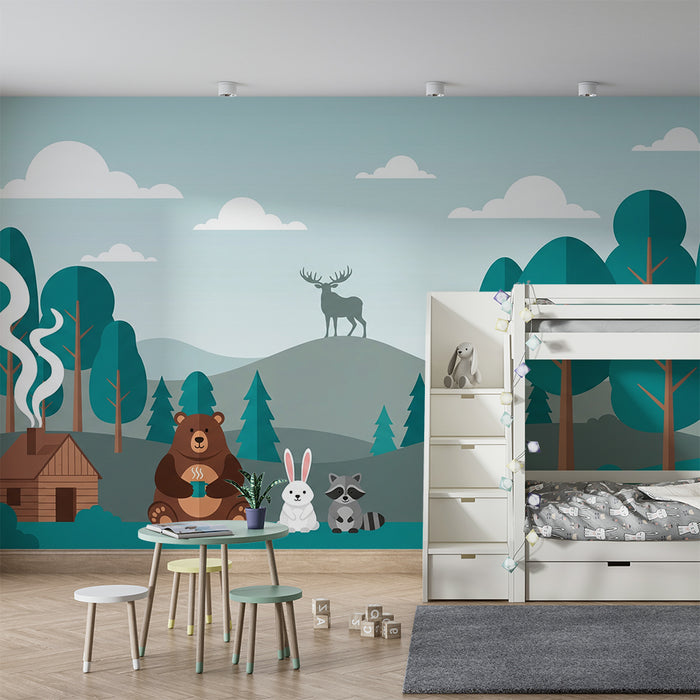 Carta da parati per cameretta | Animali del bosco intorno a una casetta di legno