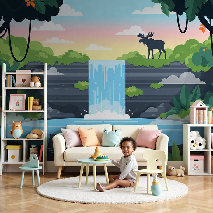 Kids' Room Wallpaper | Forest Animals by a Peaceful Waterfall