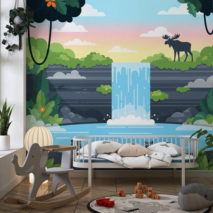 Kids' Room Wallpaper | Forest Animals by a Peaceful Waterfall