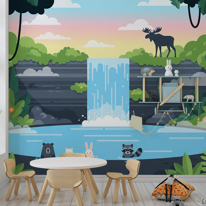 Kids' Room Wallpaper | Forest Animals by a Peaceful Waterfall