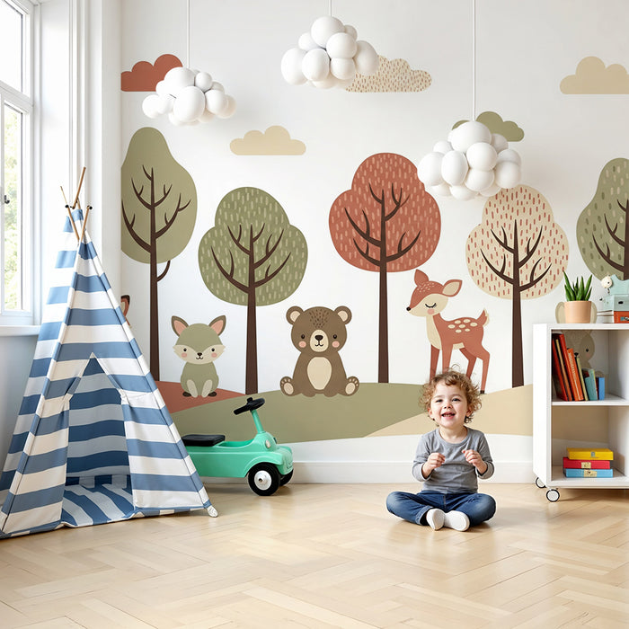 Carta da parati camera bambini | Animali del bosco con alberi colorati