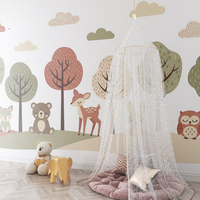 Carta da parati camera bambini | Animali del bosco con alberi colorati