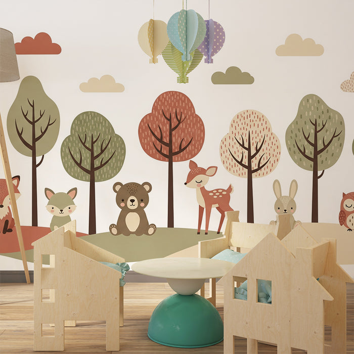 Carta da parati camera bambini | Animali del bosco con alberi colorati