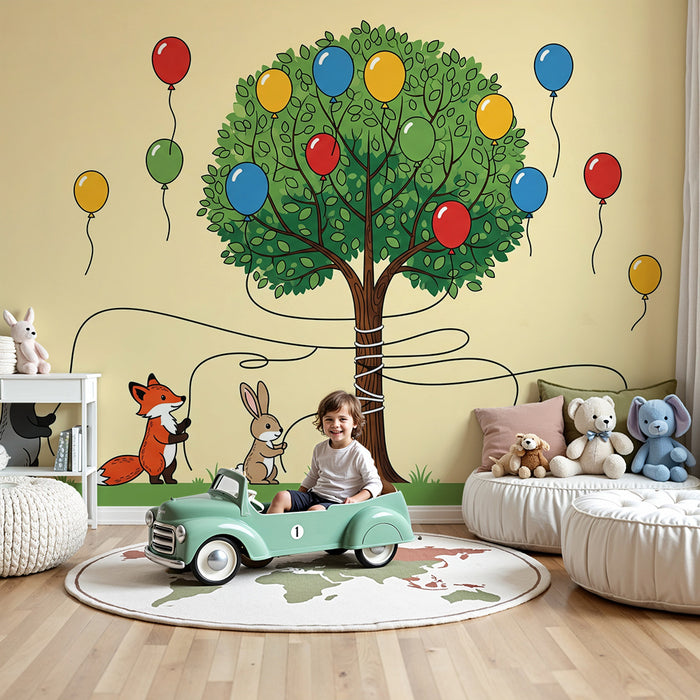 Dětské tapety do pokojíčku | Lesní zvířátka s barevnými balónky kolem stromu