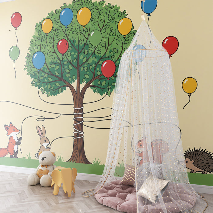 Dětské tapety do pokojíčku | Lesní zvířátka s barevnými balónky kolem stromu