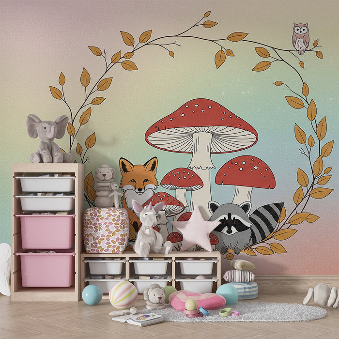 Tapety dla dzieci | Zwierzęta leśne z kolorowymi grzybkami