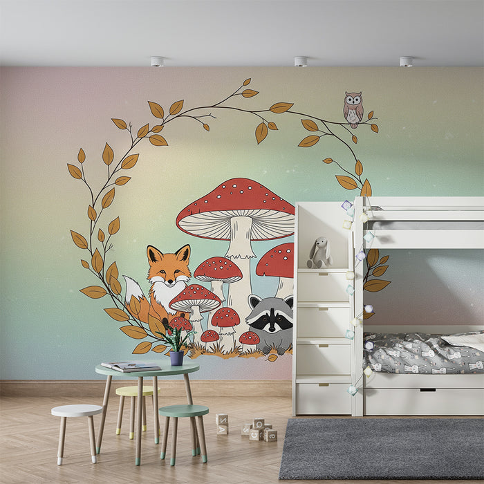 Tapety dla dzieci | Zwierzęta leśne z kolorowymi grzybkami