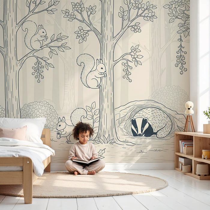 Papel de parede para quarto infantil | Animais da floresta com esquilos e texugos