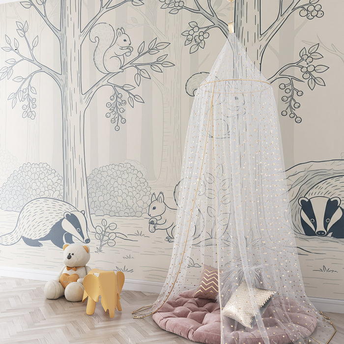 Papel de parede para quarto infantil | Animais da floresta com esquilos e texugos