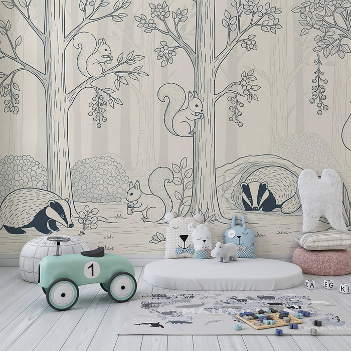 Papel de parede para quarto infantil | Animais da floresta com esquilos e texugos