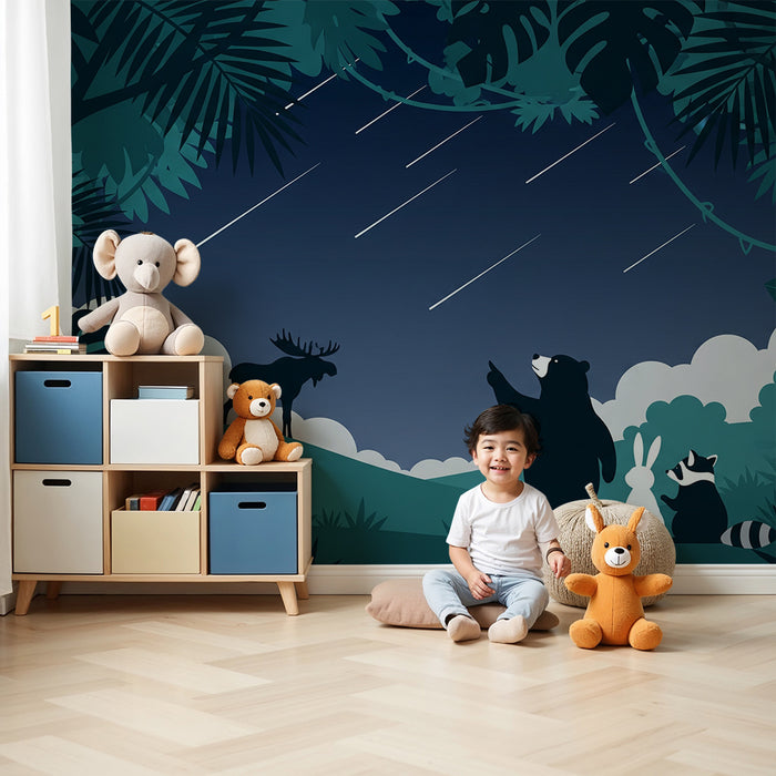 Tapeta do pokoju dziecięcego | Leśne zwierzęta z gwiazdami spadającymi