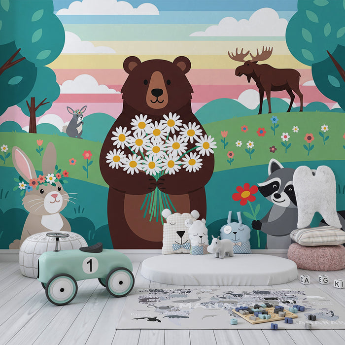 Barnrumspapper | Skogsdjur med blommor och färgglada landskap