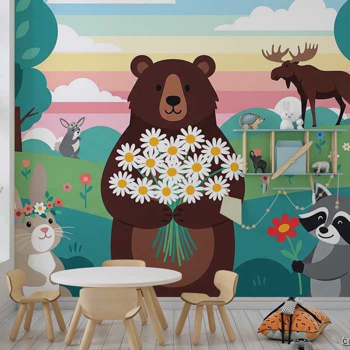 Barnrumspapper | Skogsdjur med blommor och färgglada landskap