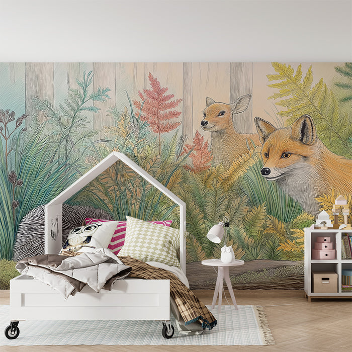 Kinderzimmer Tapete | Waldtiere mit Igel, Fuchs und Rehkitz