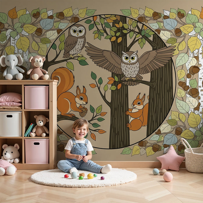 Papier peint chambre enfant | Animaux de la forêt avec hiboux et écureuils dans un décor automnal