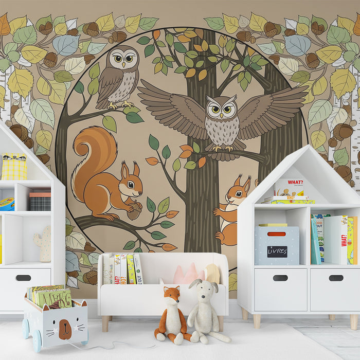 Papier peint chambre enfant | Animaux de la forêt avec hiboux et écureuils dans un décor automnal