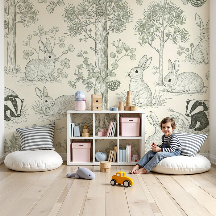 Papel pintado infantil | Animales del bosque con conejos y tejones en un entorno natural