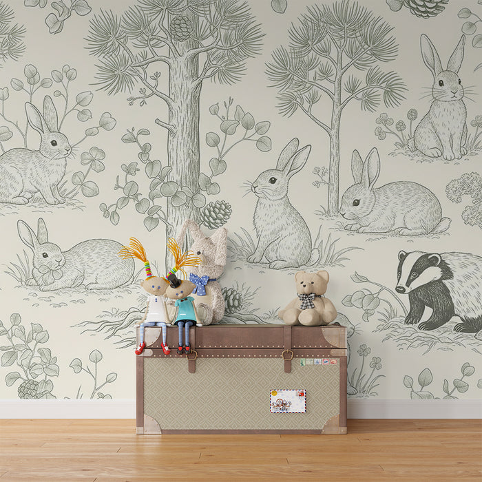 Papel pintado infantil | Animales del bosque con conejos y tejones en un entorno natural